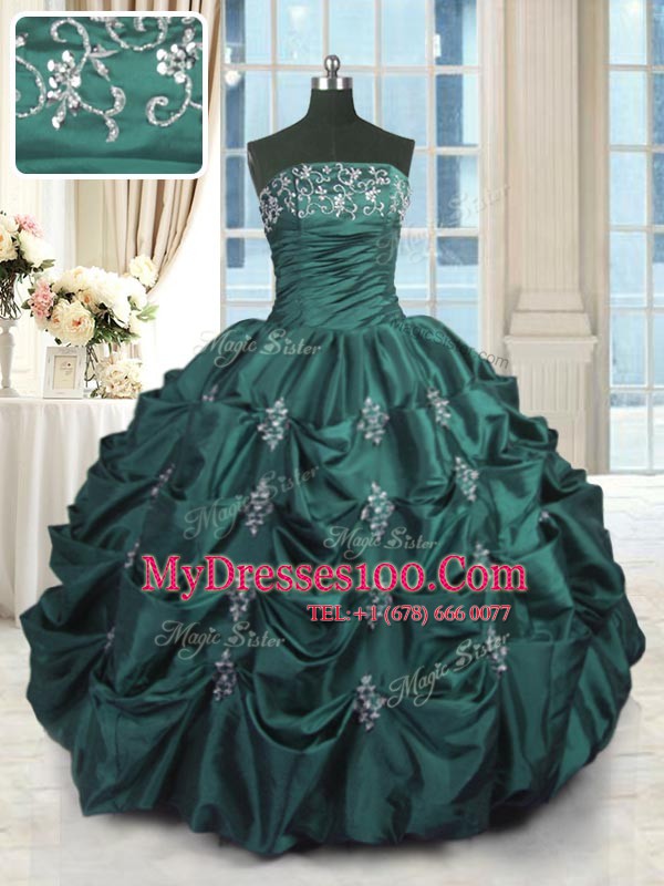 New Arrival Peacock Green Lace Up Quinceanera Dress Beading and Appliques and Embroidery and Pick Ups Sleeveless Floor Length