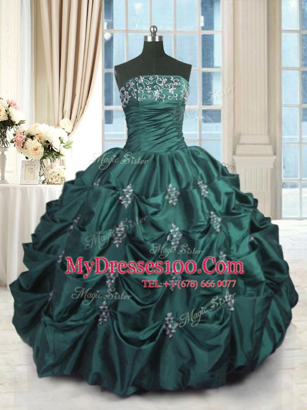 New Arrival Peacock Green Lace Up Quinceanera Dress Beading and Appliques and Embroidery and Pick Ups Sleeveless Floor Length