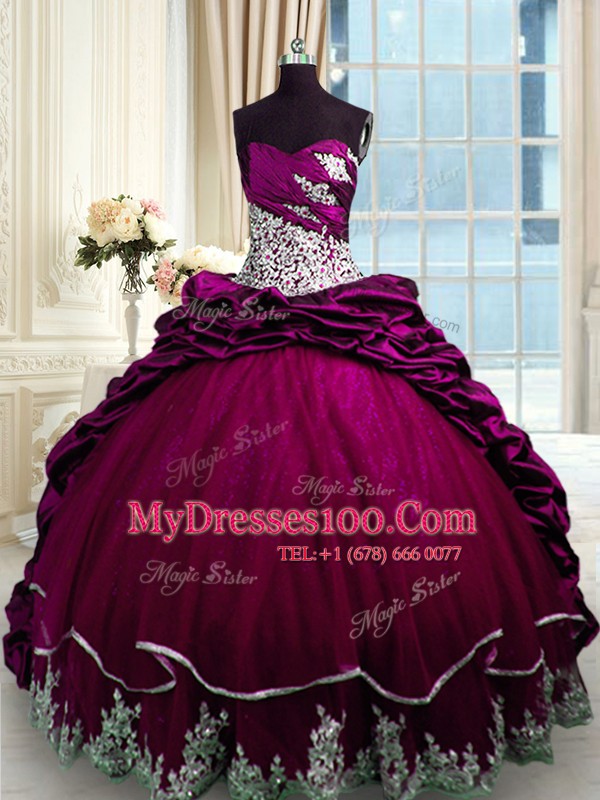 Pick Ups Sweetheart Sleeveless Brush Train Lace Up Sweet 16 Dress Fuchsia Taffeta