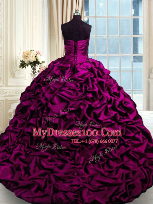 Pick Ups Sweetheart Sleeveless Brush Train Lace Up Sweet 16 Dress Fuchsia Taffeta
