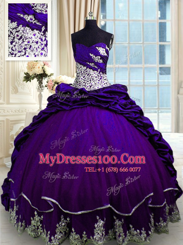 Sleeveless Brush Train Beading and Appliques and Pick Ups Lace Up Quince Ball Gowns