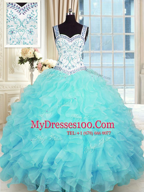 Luxurious Aqua Blue Sweetheart Neckline Beading and Appliques and Ruffles Quinceanera Gowns Sleeveless Lace Up
