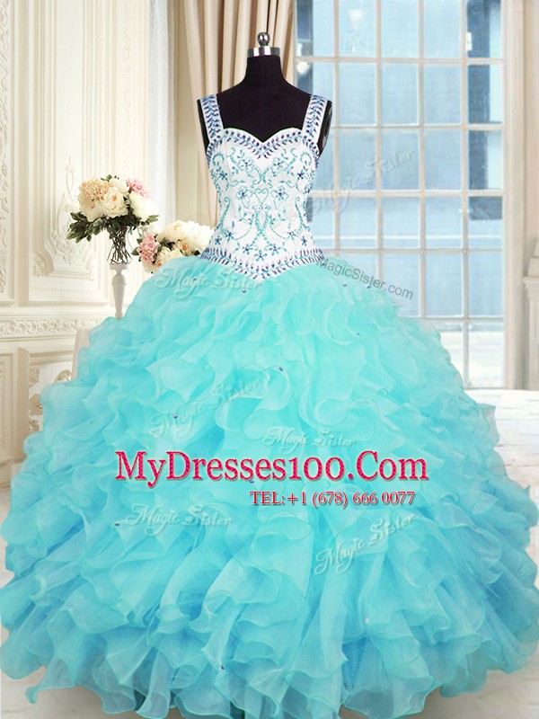 Luxurious Aqua Blue Sweetheart Neckline Beading and Appliques and Ruffles Quinceanera Gowns Sleeveless Lace Up
