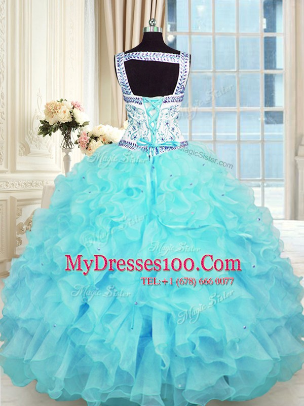 Luxurious Aqua Blue Sweetheart Neckline Beading and Appliques and Ruffles Quinceanera Gowns Sleeveless Lace Up