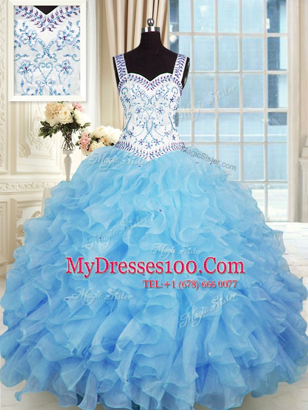 Baby Blue Lace Up Quince Ball Gowns Beading and Appliques and Ruffles Sleeveless Floor Length