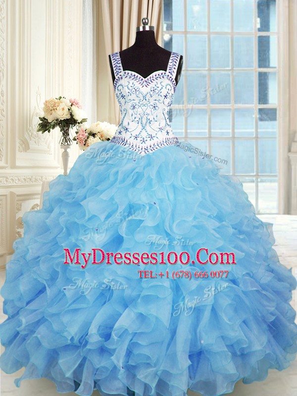 Baby Blue Lace Up Quince Ball Gowns Beading and Appliques and Ruffles Sleeveless Floor Length