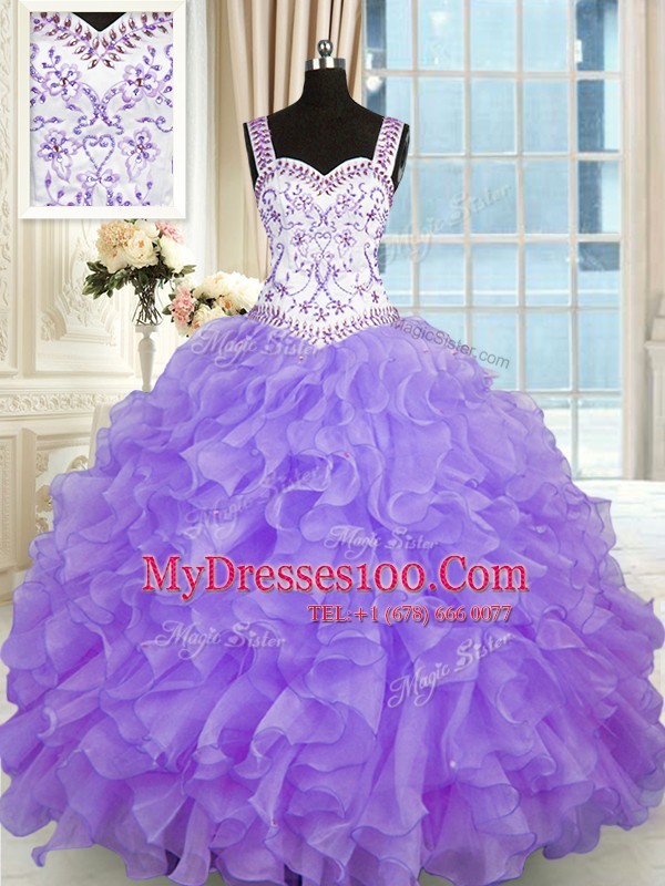 Gorgeous Sweetheart Sleeveless 15th Birthday Dress Floor Length Beading and Appliques and Ruffles Lavender Organza