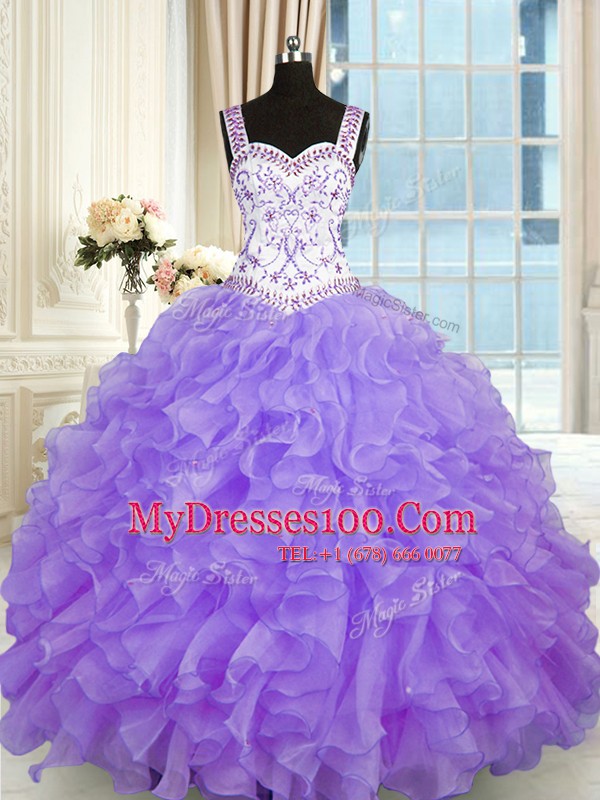 Gorgeous Sweetheart Sleeveless 15th Birthday Dress Floor Length Beading and Appliques and Ruffles Lavender Organza