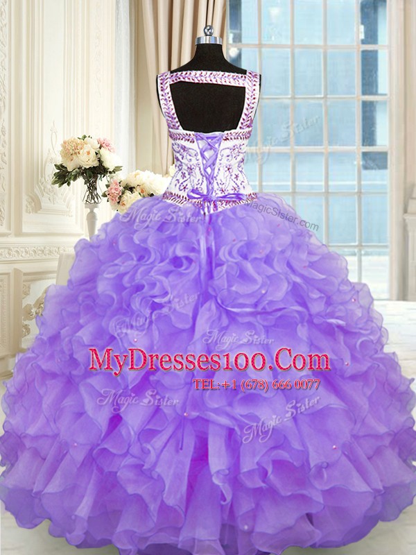 Gorgeous Sweetheart Sleeveless 15th Birthday Dress Floor Length Beading and Appliques and Ruffles Lavender Organza