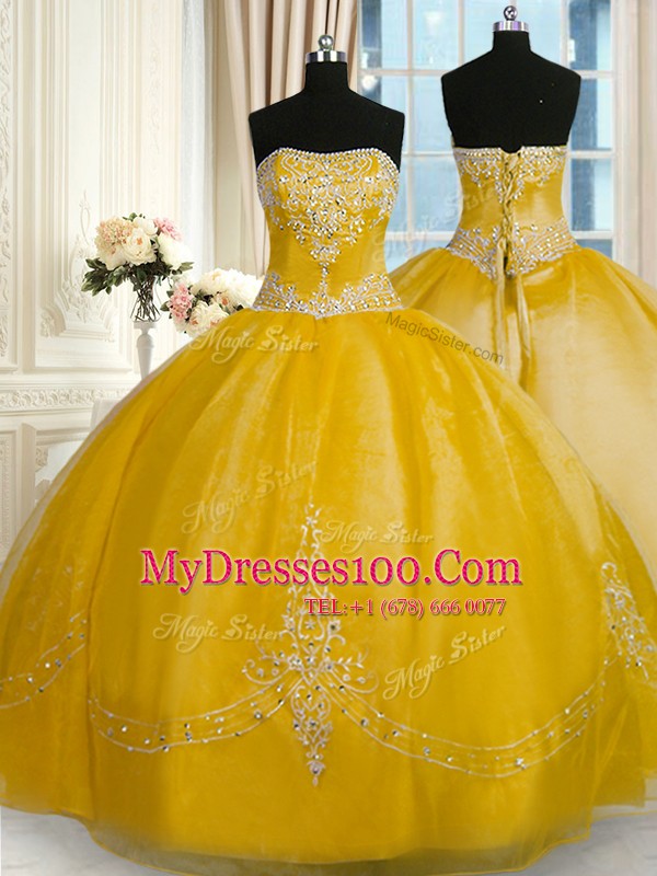 Gold Organza Lace Up 15 Quinceanera Dress Sleeveless Floor Length Beading and Embroidery