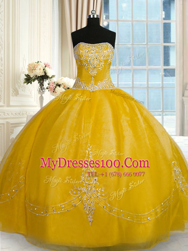 Gold Organza Lace Up 15 Quinceanera Dress Sleeveless Floor Length Beading and Embroidery