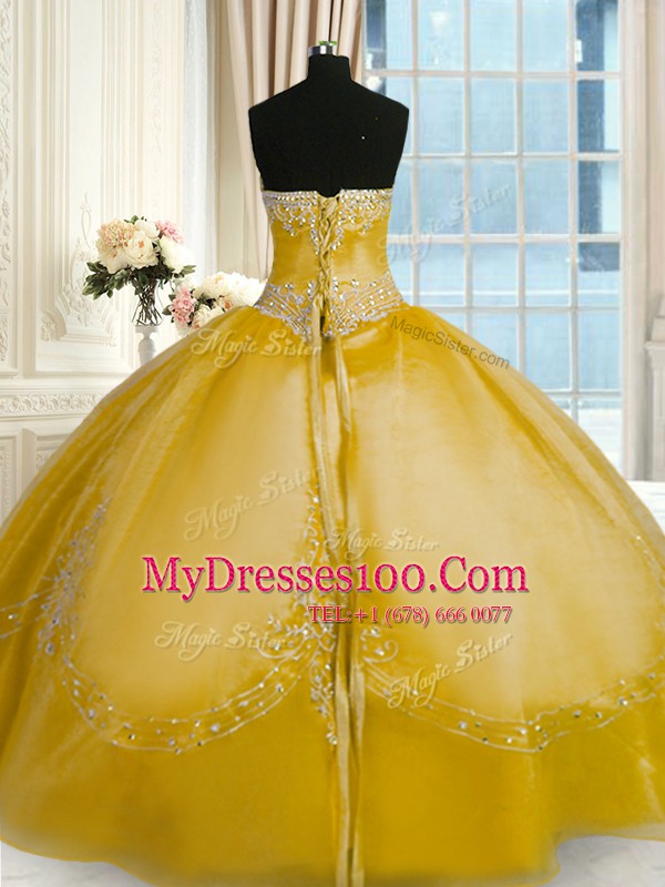 Gold Organza Lace Up 15 Quinceanera Dress Sleeveless Floor Length Beading and Embroidery