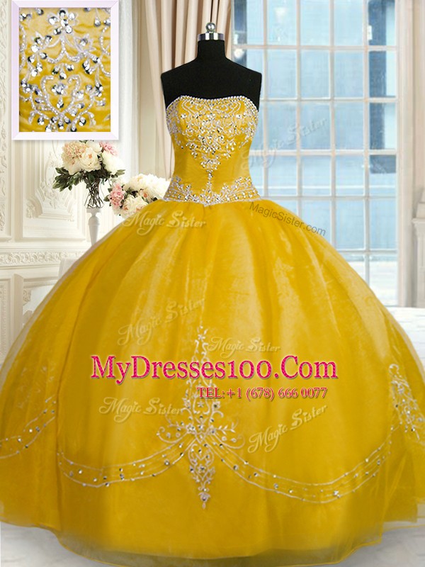 Gold Organza Lace Up 15 Quinceanera Dress Sleeveless Floor Length Beading and Embroidery
