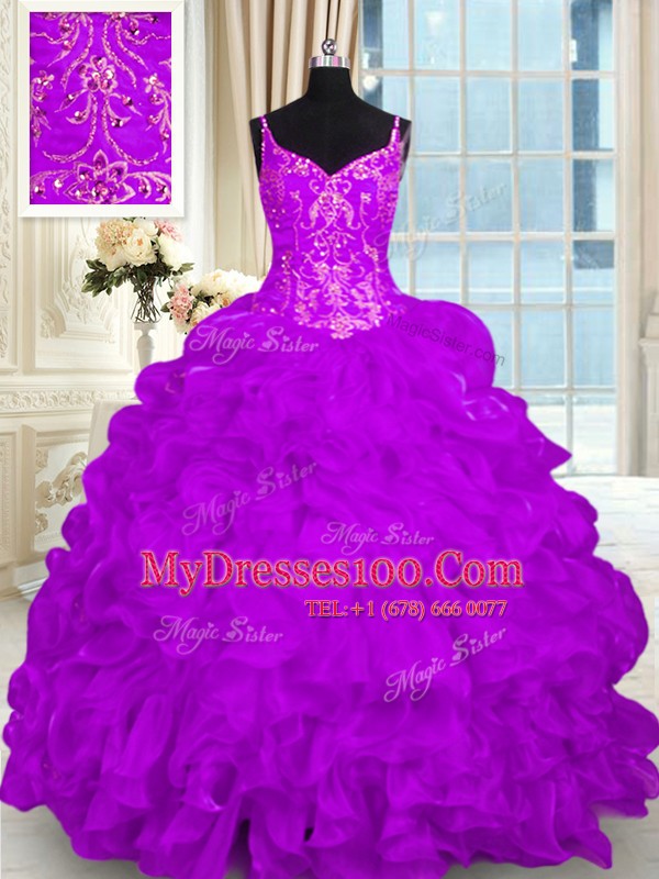 New Arrival Lace Up Sweet 16 Dresses Purple for Military Ball and Sweet 16 and Quinceanera with Beading and Embroidery and Ruffles Brush Train