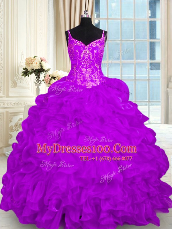 New Arrival Lace Up Sweet 16 Dresses Purple for Military Ball and Sweet 16 and Quinceanera with Beading and Embroidery and Ruffles Brush Train
