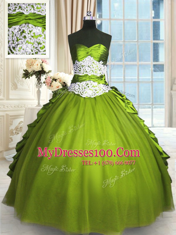 Exquisite Floor Length Lace Up Quinceanera Gown Olive Green for Military Ball and Sweet 16 and Quinceanera with Beading and Lace and Appliques and Ruching