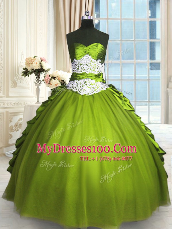 Exquisite Floor Length Lace Up Quinceanera Gown Olive Green for Military Ball and Sweet 16 and Quinceanera with Beading and Lace and Appliques and Ruching