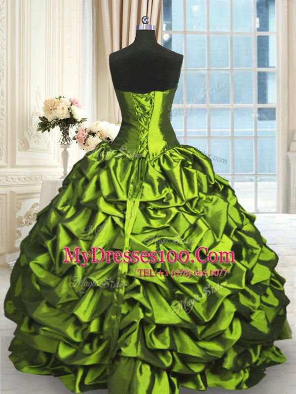 Exquisite Floor Length Lace Up Quinceanera Gown Olive Green for Military Ball and Sweet 16 and Quinceanera with Beading and Lace and Appliques and Ruching