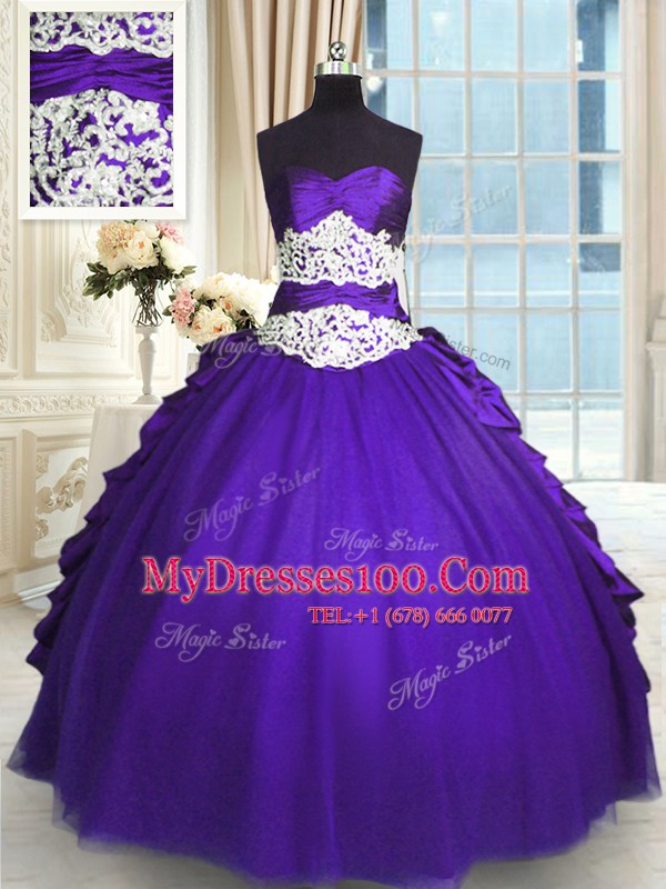 Dynamic Floor Length Lace Up Quinceanera Gowns Purple for Military Ball and Sweet 16 and Quinceanera with Beading and Lace and Appliques and Ruching and Pick Ups