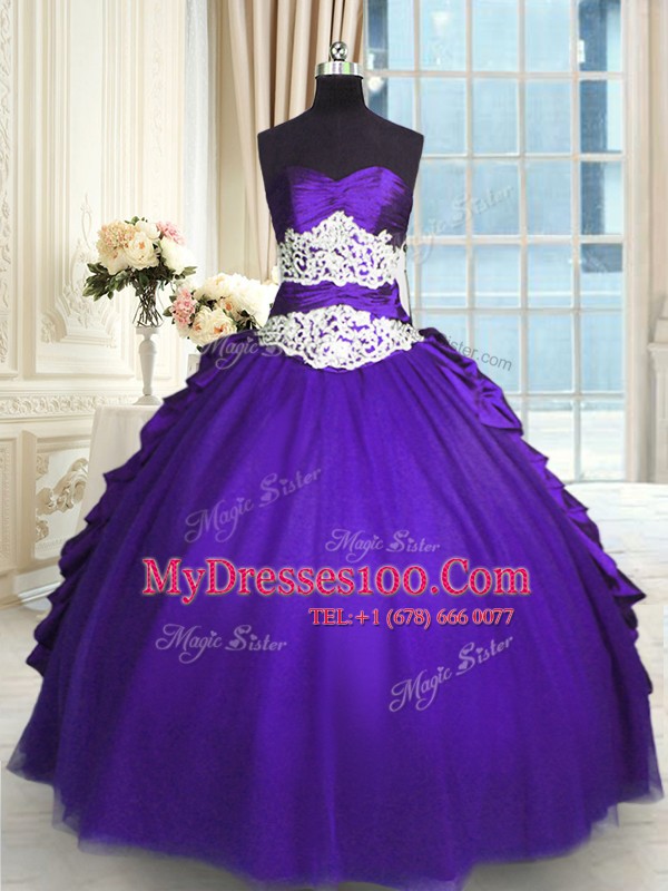 Dynamic Floor Length Lace Up Quinceanera Gowns Purple for Military Ball and Sweet 16 and Quinceanera with Beading and Lace and Appliques and Ruching and Pick Ups