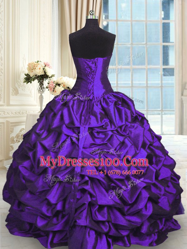 Dynamic Floor Length Lace Up Quinceanera Gowns Purple for Military Ball and Sweet 16 and Quinceanera with Beading and Lace and Appliques and Ruching and Pick Ups