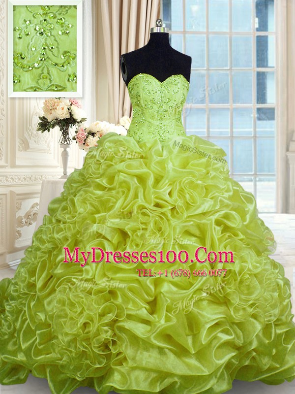 Vintage Olive Green Organza Lace Up Sweetheart Sleeveless With Train Quinceanera Dresses Sweep Train Beading and Pick Ups