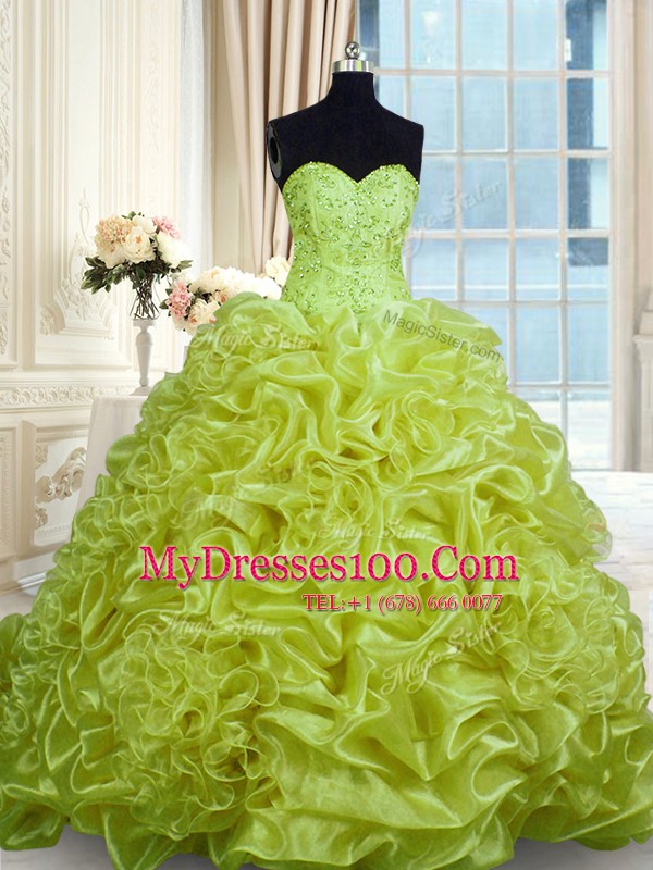 Vintage Olive Green Organza Lace Up Sweetheart Sleeveless With Train Quinceanera Dresses Sweep Train Beading and Pick Ups