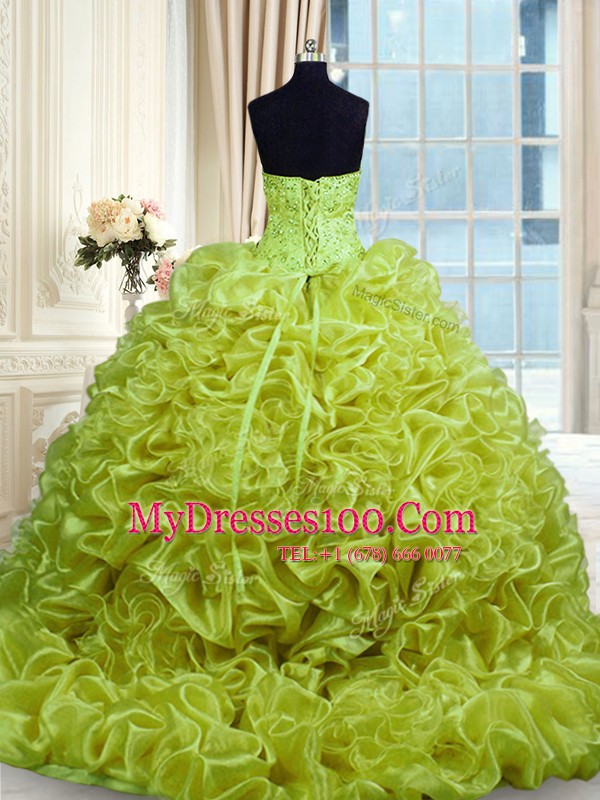 Vintage Olive Green Organza Lace Up Sweetheart Sleeveless With Train Quinceanera Dresses Sweep Train Beading and Pick Ups