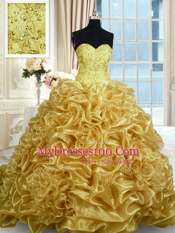 Smart Sweetheart Sleeveless Vestidos de Quinceanera With Train Sweep Train Beading and Pick Ups Gold Organza