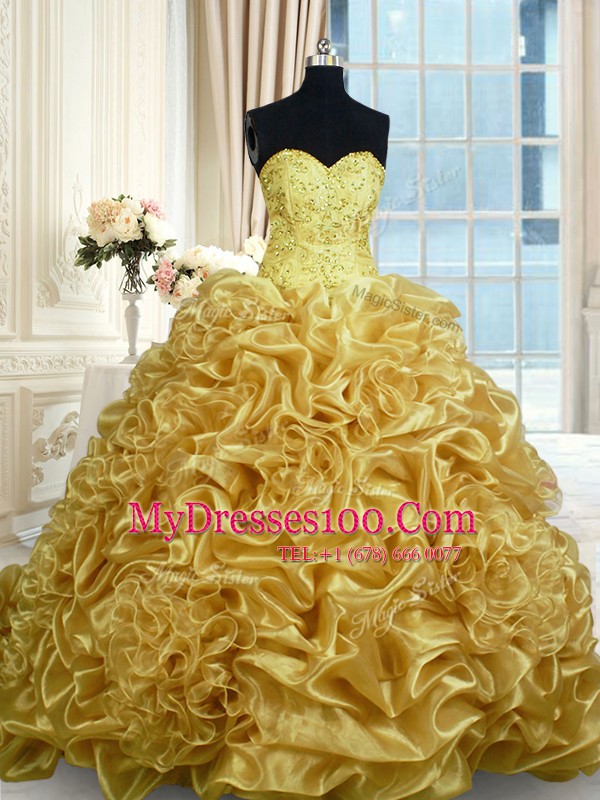Smart Sweetheart Sleeveless Vestidos de Quinceanera With Train Sweep Train Beading and Pick Ups Gold Organza