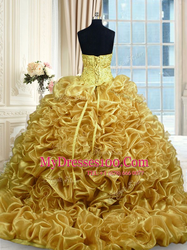Smart Sweetheart Sleeveless Vestidos de Quinceanera With Train Sweep Train Beading and Pick Ups Gold Organza