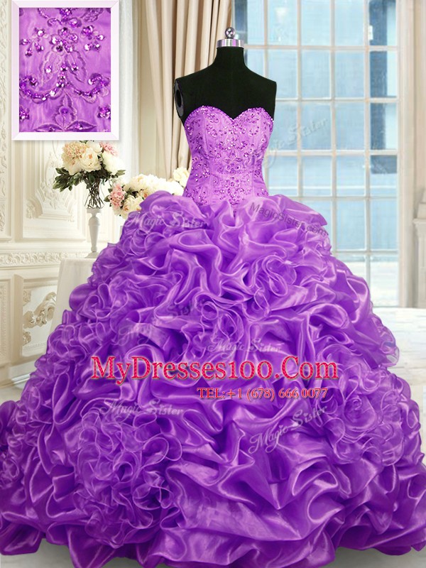 Sweet Fuchsia Ball Gowns Beading and Pick Ups 15th Birthday Dress Lace Up Organza Sleeveless