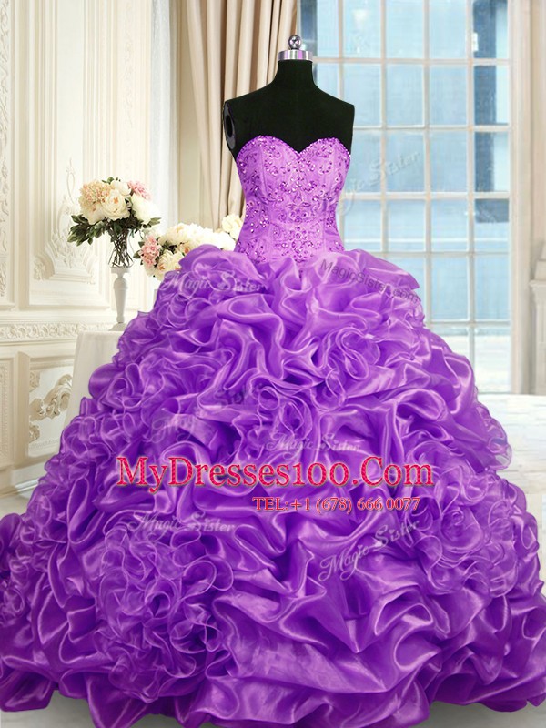 Sweet Fuchsia Ball Gowns Beading and Pick Ups 15th Birthday Dress Lace Up Organza Sleeveless