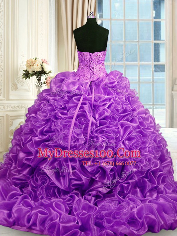 Sweet Fuchsia Ball Gowns Beading and Pick Ups 15th Birthday Dress Lace Up Organza Sleeveless