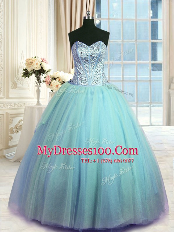 Eye-catching Light Blue Organza Lace Up Quince Ball Gowns Sleeveless Floor Length Beading and Ruching