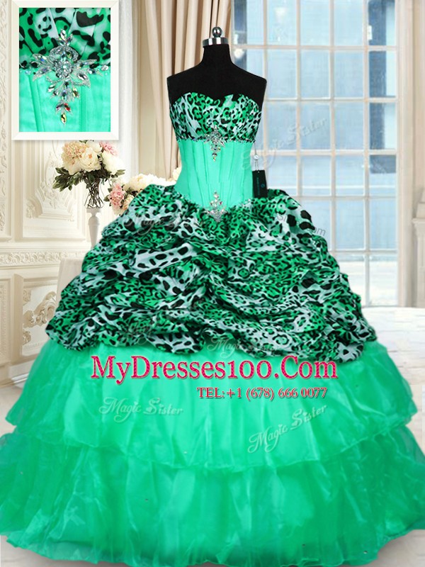 Printed Turquoise Quinceanera Dresses Military Ball and Sweet 16 and Quinceanera and For with Beading and Ruffled Layers Strapless Sleeveless Sweep Train Lace Up