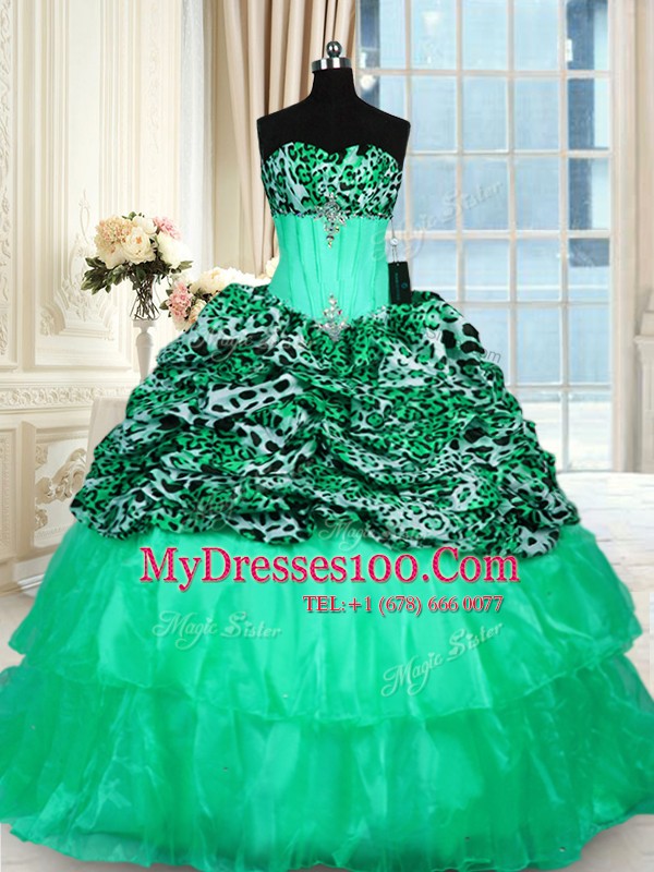 Printed Turquoise Quinceanera Dresses Military Ball and Sweet 16 and Quinceanera and For with Beading and Ruffled Layers Strapless Sleeveless Sweep Train Lace Up