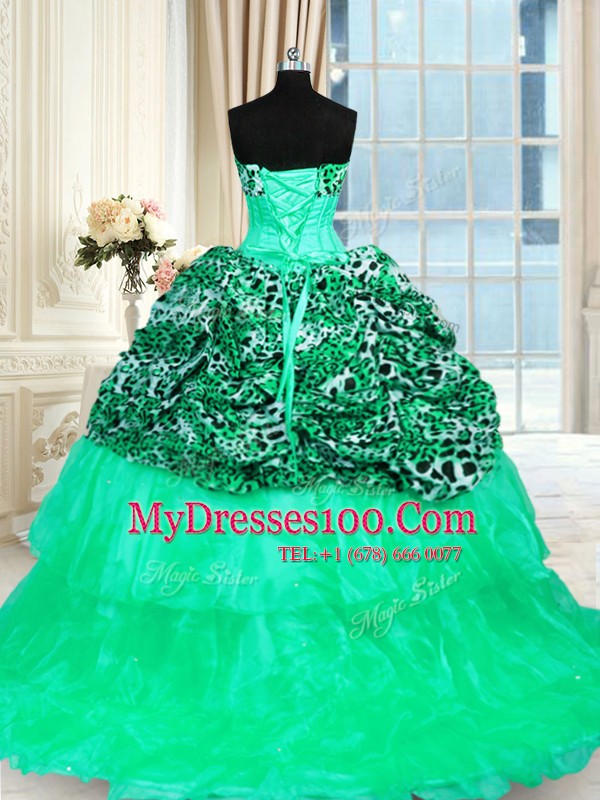 Printed Turquoise Quinceanera Dresses Military Ball and Sweet 16 and Quinceanera and For with Beading and Ruffled Layers Strapless Sleeveless Sweep Train Lace Up