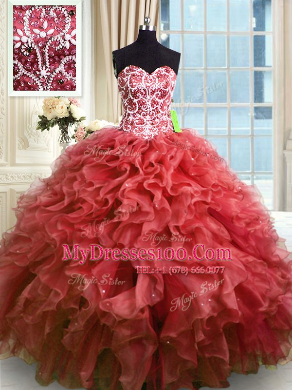 Luxurious Wine Red 15th Birthday Dress Military Ball and Sweet 16 and Quinceanera and For with Beading and Ruffles Sweetheart Sleeveless Lace Up