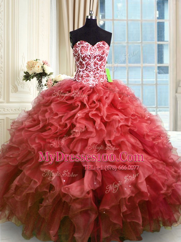 Luxurious Wine Red 15th Birthday Dress Military Ball and Sweet 16 and Quinceanera and For with Beading and Ruffles Sweetheart Sleeveless Lace Up