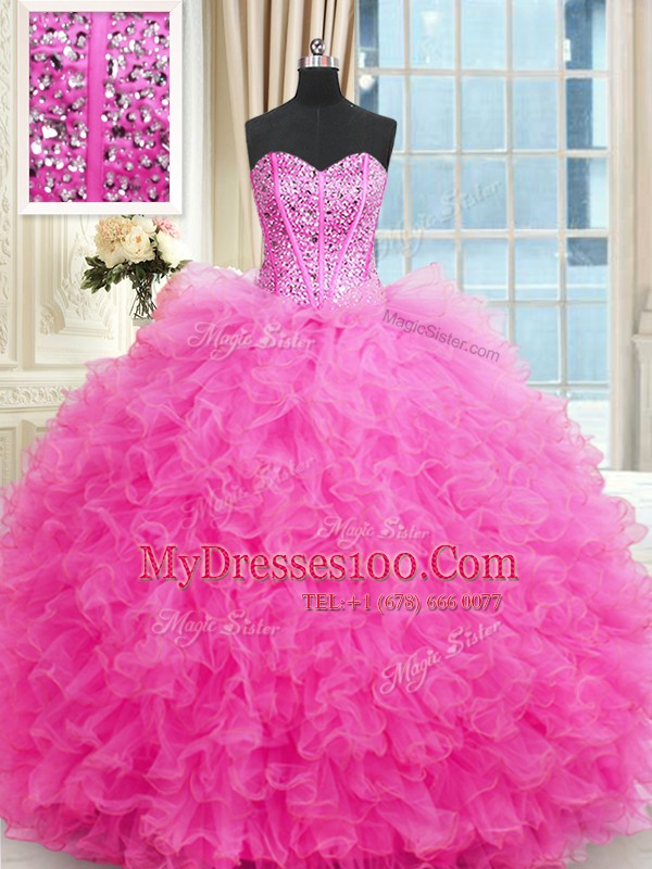 Decent Hot Pink Lace Up Sweetheart Beading and Ruffles Ball Gown Prom Dress Tulle Sleeveless