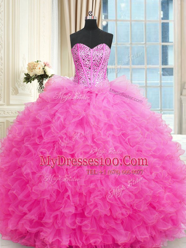 Decent Hot Pink Lace Up Sweetheart Beading and Ruffles Ball Gown Prom Dress Tulle Sleeveless