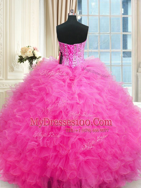 Decent Hot Pink Lace Up Sweetheart Beading and Ruffles Ball Gown Prom Dress Tulle Sleeveless