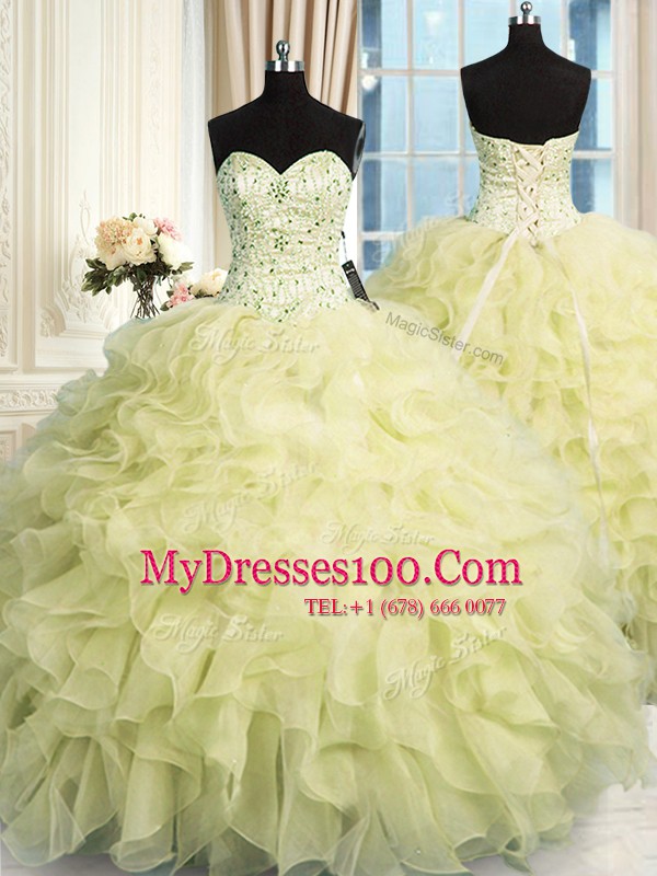 Superior Yellow 15th Birthday Dress Military Ball and Sweet 16 and Quinceanera and For with Beading and Ruffles Sweetheart Sleeveless Lace Up