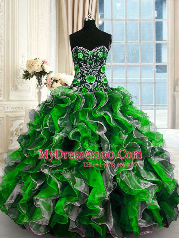Glamorous Sweetheart Sleeveless 15th Birthday Dress Floor Length Beading and Ruffles Multi-color Organza