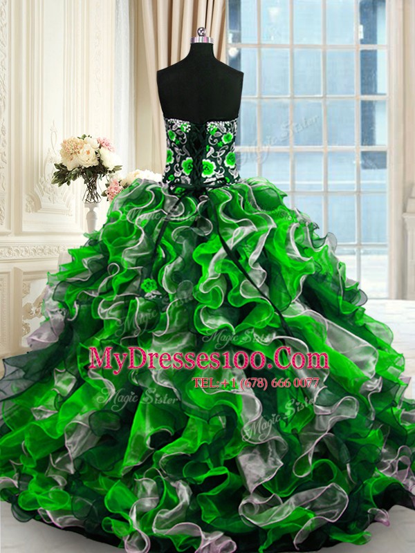 Glamorous Sweetheart Sleeveless 15th Birthday Dress Floor Length Beading and Ruffles Multi-color Organza
