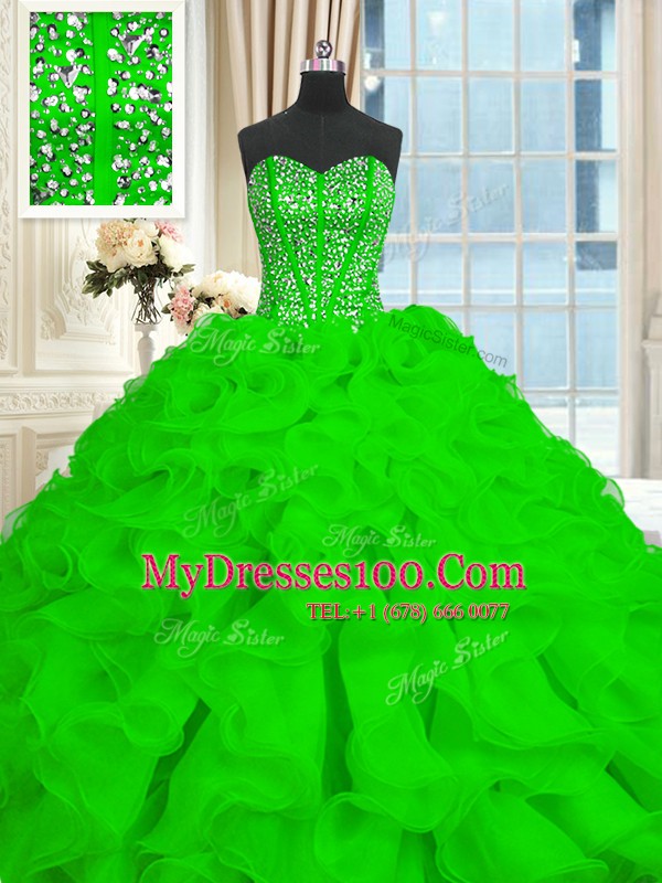 Lace Up Sweetheart Beading and Ruffles 15th Birthday Dress Organza Sleeveless Brush Train