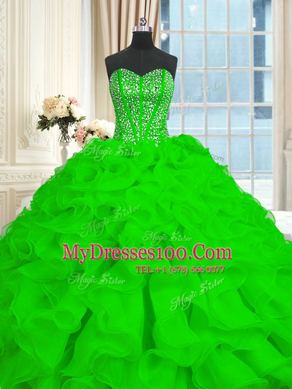 Lace Up Sweetheart Beading and Ruffles 15th Birthday Dress Organza Sleeveless Brush Train