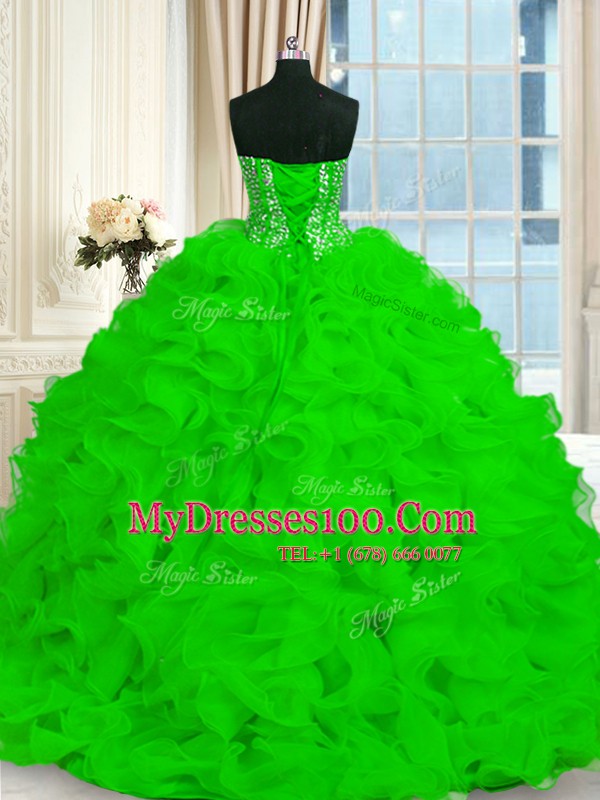 Lace Up Sweetheart Beading and Ruffles 15th Birthday Dress Organza Sleeveless Brush Train