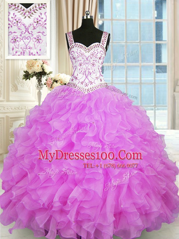 Best Selling Sleeveless Floor Length Beading and Ruffles Lace Up Quince Ball Gowns with Lilac
